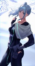 Rule 34 | 1girl, absurdres, android, ass, black bodysuit, blue eyes, blue hair, bodysuit, breasts, cleavage, elizabeth (vivy), eyes visible through hair, hand on own hip, hand up, highres, huge filesize, looking at viewer, ponytail, praticatan000, skin tight, vivy: fluorite eye&#039;s song