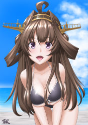 Rule 34 | 1girl, ahoge, beach, bikini, black bikini, blue sky, breasts, brown hair, cleavage, cloud, collarbone, commentary request, cowboy shot, day, double bun, hairband, headgear, highres, kantai collection, kongou (kancolle), large breasts, long hair, looking at viewer, open mouth, outdoors, purple eyes, sky, solo, swimsuit, t2r