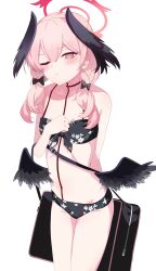 Rule 34 | 1girl, absurdres, bag, bikini, black bikini, black wings, blue archive, blush, closed mouth, flat chest, flora print, front-tie bikini top, front-tie top, frown, fujifuji0330, halo, head wings, highres, koharu (blue archive), koharu (swimsuit) (blue archive), long hair, looking at viewer, low wings, navel, official alternate costume, one eye closed, pink hair, print bikini, red halo, simple background, solo, standing, swimsuit, thighs, white background, wings