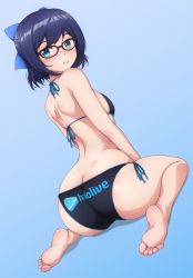 Rule 34 | 1girl, a-chan (hololive), ass, bare legs, barefoot, bikini, black-framed eyewear, black bikini, blue background, blue bow, blue hair, bow, breasts, butt crack, commentary, dimples of venus, feet, female focus, from behind, full body, glasses, green eyes, hair ribbon, highres, hololive, looking at viewer, looking back, mixed-language commentary, p-nekoe, ribbon, short hair, shoulder blades, side-tie bikini bottom, simple background, sitting, small breasts, soles, solo, string bikini, swimsuit, thighs, toes, virtual youtuber, wariza