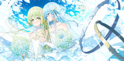 Rule 34 | 2girls, alternate costume, bare shoulders, blue choker, blue eyes, blue flower, blue hair, blue ribbon, blue rose, blue sky, blush, bouquet, bridal veil, brown choker, choker, cirno, closed mouth, cloud, cloudy sky, collarbone, commentary request, cross, cross print, daiyousei, dress, elbow gloves, female focus, fingernails, flower, gem, gloves, gradient sky, green eyes, green hair, hair between eyes, hair flower, hair ornament, hair ribbon, hands up, highres, holding, holding bouquet, jewelry, leaf, looking at another, multiple girls, necklace, ornate ring, petals, ribbon, ring, rose, sakuraba yuuki, short hair, side ponytail, sky, smile, sparkle, standing, touhou, veil, wedding dress, wedding ring, white dress, white flower, white gloves, white ribbon, white rose, yellow ribbon, yuri