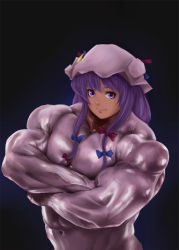 Rule 34 | 1girl, bad id, bad pixiv id, black background, bow, crossed arms, extreme muscles, female focus, hair bow, hat, kirieppa, muscular, navel, patchouli knowledge, purple eyes, purple hair, simple background, solo, standing, touhou