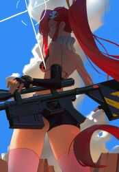 Rule 34 | 1girl, anti-materiel rifle, ass, bikini, bikini top only, black shorts, black sleeves, blue sky, breasts, carrying, cloud, commentary, detached sleeves, english commentary, fingerless gloves, from behind, gloves, gun, hair ornament, highres, lens flare, long hair, looking away, medium breasts, mountain, outdoors, pink thighhighs, ponytail, qosic, red hair, rifle, short shorts, shorts, shoulder carry, single detached sleeve, skull hair ornament, sky, sniper rifle, solo, spread fingers, strap, swimsuit, tengen toppa gurren lagann, thighhighs, weapon, yellow eyes, yoko littner