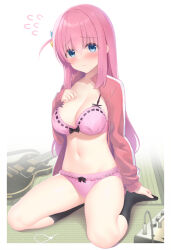 Rule 34 | 1girl, blue eyes, blush, bocchi the rock!, breasts, cube hair ornament, gotoh hitori, hair ornament, highres, jacket, large breasts, lingerie, long hair, looking at viewer, mocchisake, navel, pink hair, pink jacket, shirt, simple background, smile, solo, thighs, underwear