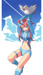 Rule 34 | 10s, 1girl, blue eyes, blue footwear, boots, breasts, creatures (company), cuboon, game freak, gen 5 pokemon, gloves, gym leader, hair ornament, highres, large breasts, midriff, nintendo, pidove, pokemon, pokemon (creature), pokemon bw, red hair, shorts, skyla (pokemon), solo, suspenders