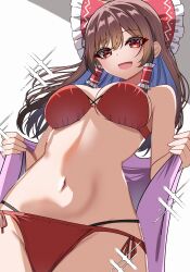 Rule 34 | 1girl, absurdres, alternate costume, bikini, bow, brown hair, commentary, frilled bow, frilled hair tubes, frills, hair bow, hair tubes, hakurei reimu, highres, kiui (dagk8254), long hair, looking at viewer, midriff, navel, open mouth, red bikini, red bow, red eyes, smile, solo, swimsuit, touhou