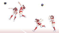 Rule 34 | 1girl, arm up, ball, brown eyes, brown hair, commentary request, elbow pads, girls und panzer, headband, highres, jumping, knee pads, kondou taeko, leaning forward, legs up, looking up, medium hair, motion blur, outstretched arms, partial commentary, red headband, red shirt, red shorts, red socks, running, satou yasu, sequential, shirt, shoes, short shorts, shorts, simple background, single vertical stripe, sleeveless, sleeveless shirt, sneakers, socks, spiking, sportswear, spread arms, standing, tossing, volleyball, volleyball (object), volleyball uniform, white background, white footwear