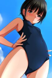 Rule 34 | 1girl, black hair, blue one-piece swimsuit, blue school swimsuit, blush, breasts, brown eyes, cloud, from below, hands on own hips, highres, looking at viewer, matsunaga kouyou, one-piece swimsuit, school swimsuit, short hair, sky, small breasts, standing, swimsuit