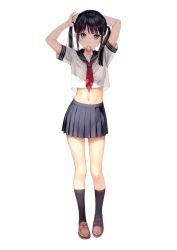 Rule 34 | 1girl, absurdres, adjusting hair, black socks, blue sailor collar, blue skirt, brown eyes, crop top, full body, hair tie in mouth, highres, kantoku, loafers, long hair, looking at viewer, midriff, mouth hold, navel, neckerchief, original, pleated skirt, red neckerchief, sailor collar, scan, school uniform, see-through silhouette, serafuku, shoes, short hair, short sleeves, simple background, skirt, socks, solo, standing, twintails, white background