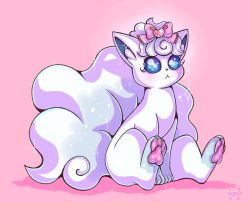 Rule 34 | alolan form, alolan vulpix, blush, closed mouth, commentary, creature, creatures (company), english commentary, flufflixx, full body, game freak, gen 7 pokemon, hair ribbon, heart, looking at viewer, nintendo, no humans, pink background, pink ribbon, pokemon, pokemon (creature), ribbon, shadow, signature, simple background, sitting, solo, star (symbol)