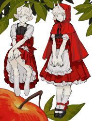 Rule 34 | 1boy, animal ears, animal feet, ankle socks, apple, apron, back bow, black footwear, blue eyes, body fur, bow, bright pupils, cape, collared dress, cosplay, crossdressing, digitigrade, dress, food, frilled apron, frilled dress, frills, fruit, hair wings, hands on own knee, highres, hood, hood up, hooded cape, horizontal pupils, layered dress, leaf, leg ribbon, little red riding hood (grimm), little red riding hood (grimm) (cosplay), looking at viewer, male focus, mary janes, monster boy, multiple views, original, puffy short sleeves, puffy sleeves, quietgom, red bow, red cape, red dress, red ribbon, ribbon, sheep boy, sheep ears, shoes, short hair, short sleeves, smile, socks, standing, white apron, white background, white fur, white hair, white socks