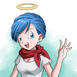 Rule 34 | 10s, 1girl, blouse, breasts, bulma, death, dragon ball, dragon ball super, earrings, female focus, halo, happy, jewelry, karoine, looking at viewer, real life, shirt, simple background, smile, solo, stud earrings, tsuru hiromi, voice actor, voice actor connection, white shirt