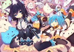 Rule 34 | 2girls, animal ear fluff, animal ears, animal hands, bell, black hair, black legwear, blue eyes, blue hair, bow, breasts, cat ears, cat tail, chestnut mouth, elbow gloves, gloves, jingle bell, large breasts, lying, mamuru, multiple girls, multiple tails, on stomach, open mouth, original, paw gloves, sitting, tail, tail bell, tail bow, tail ornament, thighhighs, wariza