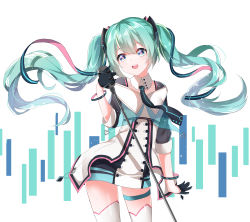 Rule 34 | 1848066491, 1girl, absurdres, aqua hair, bad id, bad pixiv id, bracelet, chuor (chuochuoi), cowboy shot, floating hair, gloves, green eyes, hair ribbon, hatsune miku, highres, jewelry, long hair, microphone, microphone stand, necktie, open mouth, ribbon, solo, star-shaped pupils, star (symbol), symbol-shaped pupils, thigh strap, thighhighs, twintails, very long hair, vocaloid, white background