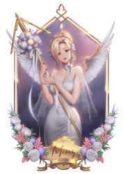 Rule 34 | 1girl, blonde hair, blue eyes, bouquet, breasts, character name, cleavage, collarbone, commentary, copyright name, dress, eyes visible through hair, fingernails, flower, gem, gold, gold trim, hair flower, hair ornament, halo, head tilt, high ponytail, highres, holding, holding pole, large breasts, light particles, lips, long fingernails, long hair, looking at viewer, love cacao, mechanical halo, mechanical wings, mercy (overwatch), neck ribbon, overwatch, overwatch 1, parted lips, pole, ponytail, purple gemstone, ribbon, rose, see-through, shawl, smile, solo, taut clothes, taut dress, wedding dress, white dress, white flower, white ribbon, white rose, wings