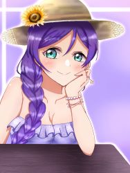 Rule 34 | 1girl, aqua eyes, artist name, artist request, bare shoulders, blush, bracelet, braid, breasts, brown hat, cleavage, collarbone, dress, elbow on table, female focus, flower, green eyes, hair over shoulder, hand on own cheek, hand on own face, hat, hat flower, highres, jewelry, long hair, long twintails, looking at viewer, love live!, love live! school idol project, low-tied long hair, low twintails, medium breasts, parted lips, pearl bracelet, purple hair, single braid, smile, solo, sundress, sunflower, table, tojo nozomi, twintails, white dress