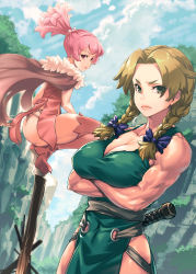 Rule 34 | 2girls, ass, bare shoulders, blonde hair, boots, bow, braid, breasts, cape, cleavage, closed mouth, crossed arms, day, dr. stone, dress, full body, green dress, green eyes, hair bow, hair intakes, hanada nikki, highres, large breasts, lips, looking at viewer, mikel (4hands), momiji homura, multiple girls, muscular, muscular female, outdoors, parted bangs, parted lips, pink dress, pink eyes, pink footwear, pink hair, sleeveless, squatting, thigh boots, thighhighs, thighs, twin braids