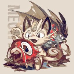 Rule 34 | :3, animal focus, arm up, black eyes, brown background, cat, character name, claws, coin, creatures (company), english text, fangs, fish, full body, game freak, gen 1 pokemon, gyarados, happy, keroreud, looking at another, magikarp, mega gyarados, mega pokemon, meowth, nintendo, no humans, object on head, open mouth, pawpads, pokemon, pokemon (creature), red eyes, simple background, sitting, smile