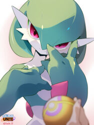 Rule 34 | 1girl, artist name, bob cut, closed mouth, colored skin, copyright name, creatures (company), disembodied limb, eyelashes, female focus, flat chest, game freak, gardevoir, gen 3 pokemon, green hair, green skin, hair between eyes, hand on own chest, hands up, happy, head tilt, highres, holding, holding poke ball, logo, looking at viewer, multicolored skin, nintendo, poke ball, pokemon, pokemon (creature), pokemon unite, pov, rally ball, red eyes, short hair, signature, simple background, smile, solo focus, standing, suahh, twitter username, two-tone skin, upper body, v over eye, white background, white skin
