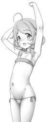 Rule 34 | 1girl, :d, ahoge, armpits, arms up, bandeau, bare arms, bare shoulders, bikini, blush, commentary request, greyscale, groin, hair over shoulder, highres, idolmaster, idolmaster cinderella girls, long hair, looking at viewer, low twintails, micro bikini, monochrome, navel, open mouth, parted bangs, short twintails, side-tie bikini bottom, simple background, smile, solo, strapless, strapless bikini, swimsuit, testa, twintails, white background, yusa kozue