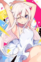 Rule 34 | 1girl, armpits, bare arms, bare shoulders, blue dress, blue eyes, blush, commentary request, copyright request, dress, grin, hair flaps, halterneck, hands up, happy, highres, jumping, long hair, looking at viewer, mika pikazo, one eye closed, signature, smile, solo, upper body, v