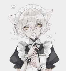 Rule 34 | 1boy, 81kaia, animal ears, apron, bug, butterfly, cat boy, cat ears, covering own mouth, crossdressing, flower, grey hair, insect, looking at viewer, maid, maid apron, maid day, maid headdress, male focus, original, short hair, solo, wavy hair, yellow eyes