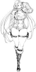 Rule 34 | 1girl, alternate costume, blush, boots, braid, breasts, buttons, coat, crown braid, double-breasted, greyscale, highres, large breasts, last origin, monochrome, natevior, no pants, nymph (last origin), panties, thick thighs, thigh strap, thighs, twin braids, underwear