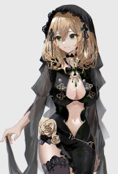 Rule 34 | 1girl, alternate costume, belt, black belt, black bow, black bra, black choker, black dress, black headwear, black thighhighs, blonde hair, bow, bra, breasts, choker, cleavage, clothing cutout, cowboy shot, dress, flower, gem, genshin impact, green eyes, green gemstone, grey background, grin, hair between eyes, hair ribbon, headdress, highres, jewelry, lace, lace-trimmed legwear, lace trim, large breasts, lisa (genshin impact), long hair, looking to the side, necklace, parted lips, raiya atelier, ribbon, see-through, see-through sleeves, side slit, simple background, single thighhigh, smile, solo, strap gap, thighhighs, thighs, underwear, yellow flower