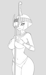 Rule 34 | 1girl, breasts, eliza (skullgirls), hands on breasts, hands on own chest, looking at viewer, microphone, monochrome, skullgirls, solo, tagme, thong
