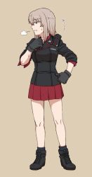 Rule 34 | 1girl, adapted uniform, ankle boots, black footwear, black gloves, black hat, black jacket, black socks, blue eyes, boots, commentary, dress shirt, emblem, epaulettes, frown, full body, garrison cap, girls und panzer, gloves, half-closed eyes, hand on own hip, hat, itsumi erika, jacket, kuromorimine military uniform, long sleeves, looking to the side, medium hair, military, military hat, military uniform, miniskirt, parted lips, pleated skirt, puff of air, red shirt, red skirt, shirt, sigh, silver hair, simple background, skirt, sleeves rolled up, socks, solo, standing, sweat, torinone, uniform