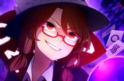 Rule 34 | 1girl, bow, brown hair, commentary, english commentary, eyes visible through hair, glasses, hair between eyes, hat, hat bow, high collar, highres, looking away, low twintails, parted lips, portrait, red-framed eyewear, red eyes, runes, semi-rimless eyewear, short hair, smirk, solo, speckticuls, touhou, twintails, under-rim eyewear, usami sumireko, v-shaped eyebrows, wing collar, zener card