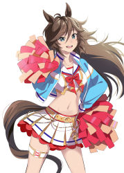 Rule 34 | 1girl, ahoge, animal ears, belt, blouse, blue jacket, bow, bowtie, breasts, cowboy shot, crop top, floating hair, green eyes, hair between eyes, hand on own hip, holding, holding pom poms, horse ears, horse girl, horse tail, jacket, layered skirt, long hair, long sleeves, looking at viewer, midriff, miniskirt, misu kasumi, mr. c.b. (umamusume), navel, nice nature (run&amp;win) (umamusume), open clothes, open jacket, pom pom (cheerleading), pom poms, red bow, red bowtie, sailor collar, shirt, skirt, small breasts, smile, solo, tail, teeth, thigh strap, umamusume, upper teeth only, white shirt
