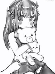 Rule 34 | 1girl, aged down, bad id, bad pixiv id, blush stickers, greyscale, hair ornament, highres, holding, holding stuffed toy, hololive, long hair, looking at viewer, miniskirt, monochrome, nanashi (nlo), shorts, simple background, sitting, skirt, smile, solo, star (symbol), star hair ornament, stuffed animal, stuffed toy, teddy bear, thighhighs, tokino sora, tokino sora (1st costume), virtual youtuber, white background