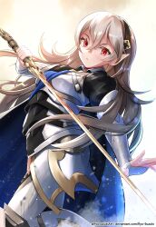 Rule 34 | 1girl, absurdres, armor, black hairband, corrin (female) (fire emblem), corrin (fire emblem), fire emblem, fire emblem fates, gradient background, grey hair, hairband, highres, holding, holding sword, holding weapon, long hair, long sleeves, nintendo, pointy ears, red eyes, ryo-suzuki, simple background, solo, sword, twitter username, weapon, white background, yato (fire emblem)
