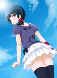 Rule 34 | 1girl, :o, arms at sides, ass, bird, black bow, black thighhighs, blue hair, blue sky, bow, cloud, day, frilled skirt, frills, from behind, from below, hair ornament, hair scrunchie, highres, long hair, looking at viewer, looking back, love live!, love live! sunshine!!, miniskirt, open mouth, outdoors, purple eyes, purple shirt, scrunchie, shiratama (siratama ll), shirt, skirt, sky, solo, sunlight, thighhighs, thighs, tsushima yoshiko, white skirt, zettai ryouiki