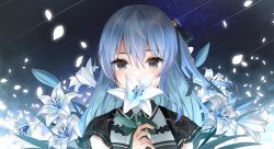 Rule 34 | 1girl, black ribbon, blue eyes, blue hair, collared shirt, covered mouth, covering own mouth, facing viewer, falling petals, flower, glowing, glowing petals, hair between eyes, hair ribbon, holding, holding flower, hololive, hoshimachi suisei, hoshimachi suisei (streetwear), lily (flower), long hair, looking at viewer, mikan (xalka), night, night sky, petals, ribbon, shirt, short sleeves, sky, solo, star (sky), upper body, virtual youtuber, white flower