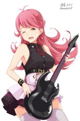 Rule 34 | 1girl, ;d, antenna hair, black shirt, breasts, character name, earrings, electric guitar, gibson, gibson sg, grey thighhighs, guitar, high-waist skirt, holding, holding instrument, instrument, jewelry, kichihachi, large breasts, long hair, looking at viewer, one eye closed, open mouth, pink eyes, pink hair, pink skirt, sakaiya yumeno, shirt, simple background, skirt, sleeveless, sleeveless shirt, smile, solo, swept bangs, teeth, thighhighs, thighs, tokyo 7th sisters, twitter username, white background, zettai ryouiki