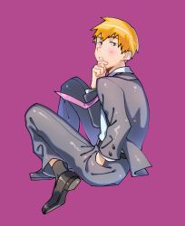 Rule 34 | 1boy, black footwear, black socks, blonde hair, blouse, bomhat, brown eyes, commentary, formal, from side, full body, grey jacket, grey pants, hand in pocket, hand on own chin, highres, jacket, long sleeves, looking at viewer, male focus, mob psycho 100, necktie, open clothes, open jacket, pants, parted lips, pink necktie, purple background, reigen arataka, shirt, short hair, simple background, socks, solo, stroking own chin, suit, very short hair, white shirt