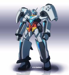 Rule 34 | blue eyes, clenched hands, controller, core gundam ii, cosmikaizer, fusion, game console, glowing, glowing eyes, gundam, gundam build divers, gundam build divers re:rise, gunpla, highres, mecha, model kit, no humans, playstation 5, robot, standing, v-fin