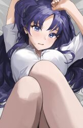 Rule 34 | 1girl, absurdres, arms up, blue archive, blush, breasts, collared shirt, commentary, highres, long hair, looking at viewer, lying, medium breasts, on back, on bed, ori (0rizuru), parted bangs, parted lips, partially unbuttoned, purple eyes, purple hair, shirt, short sleeves, solo, sweat, two side up, white shirt, yuuka (blue archive)