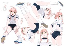Rule 34 | 1girl, :3, absurdres, ahoge, alternate costume, alternate hairstyle, ass, breasts, buruma, double bun, glasses, gym shirt, gym uniform, hair bun, highres, kantai collection, long hair, looking at viewer, looking back, makigumo (kancolle), multiple views, ojipon, pink hair, rabbit, shirt, shoes, short hair, short sleeves, simple background, small breasts, spread legs, tongue, tongue out, white background, white shirt, yellow eyes