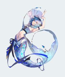 Rule 34 | 1girl, adapted costume, arm strap, armpits, arms up, bare shoulders, black hairband, blue hair, breasts, commentary request, crop top, eula (genshin impact), genshin impact, grey background, hairband, highres, medium breasts, mermaid, midriff, monster girl, navel, navel piercing, oriori 0201, piercing, short hair, simple background, solo, stomach, wrist cuffs