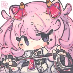 Rule 34 | 1girl, absurdres, black gloves, blush stickers, breasts, chibi, collared shirt, fingerless gloves, gloves, goddess of victory: nikke, hair ribbon, highres, holding, holding whip, id card, jrpencil, long hair, mole, mole under mouth, necktie, pink hair, pink ribbon, purple eyes, red necktie, ribbon, shirt, small breasts, solo, whip, white shirt, yuni (nikke)