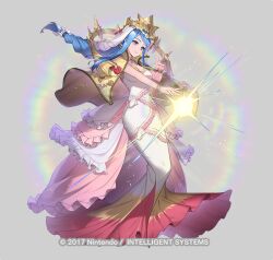 Rule 34 | 1girl, blue eyes, blue hair, breasts, cleavage, dress, essual (layer world), female focus, fire emblem, fire emblem engage, fire emblem heroes, full body, gold crown, large breasts, looking at viewer, lumera (fire emblem), matching hair/eyes, multicolored clothes, nintendo, official alternate costume, official art, smile, solo, white dress
