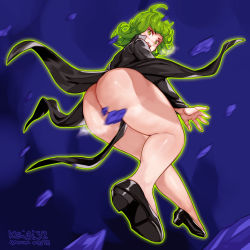 Rule 34 | 1girl, artist request, ass, bare legs, blush, dated, dress, full body, green eyes, highres, huge ass, looking at viewer, looking back, one-punch man, shiny skin, solo, tatsumaki
