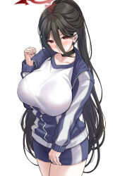 Rule 34 | 1girl, absurdres, black choker, black hair, blue archive, blue jacket, blue shorts, blush, breasts, choker, closed mouth, collarbone, commentary, cowboy shot, gym shirt, gym uniform, hair between eyes, halo, hand up, hasumi (blue archive), hasumi (track) (blue archive), highres, jacket, large breasts, long bangs, long hair, looking at viewer, no wings, official alternate costume, partially unzipped, ponytail, ptal, red eyes, shirt, shorts, simple background, solo, standing, sweat, track jacket, very long hair, white background, white shirt, zipper pull tab