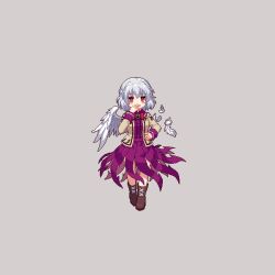 Rule 34 | 1girl, bow, bowtie, braid, brown eyes, brown footwear, chinese commentary, commentary request, covering own mouth, cross-laced footwear, feathers, french braid, full body, grey background, grey hair, jacket, kishin sagume, looking at viewer, pixel art, red bow, red bowtie, short hair, simple background, single wing, solo, touhou, touhou mystia&#039;s izakaya, white wings, wings, youzikk