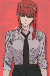 Rule 34 | 1girl, absurdres, black necktie, black pants, braid, braided ponytail, chainsaw man, collared shirt, highres, looking at viewer, makima (chainsaw man), medium hair, necktie, pants, red background, red hair, ringed eyes, shirt, shirt tucked in, sidelocks, simple background, sleeves rolled up, solo, tumubar117, white shirt, yellow eyes