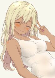 Rule 34 | 1girl, absurdres, blonde hair, blush, breasts, closed eyes, collarbone, covered navel, daipunch, dark skin, gyaru, highres, long hair, medium breasts, one-piece swimsuit, original, pink nails, side ponytail, smile, solo, swimsuit, upper body, v, white background, white one-piece swimsuit