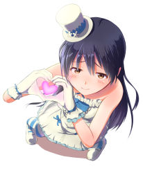 Rule 34 | 1girl, bare shoulders, blue hair, blue ribbon, blush, closed mouth, cosplay, dress, flower, gloves, hat, heart, heart hands, idolmaster, idolmaster (classic), k@ito90p, kisaragi chihaya, kisaragi chihaya (cosplay), long hair, love live!, love live! school idol project, mini hat, ribbon, shoes, simple background, solo, sonoda umi, striped clothes, striped thighhighs, thighhighs, white background, white dress, white footwear, white gloves, white hat, yellow eyes